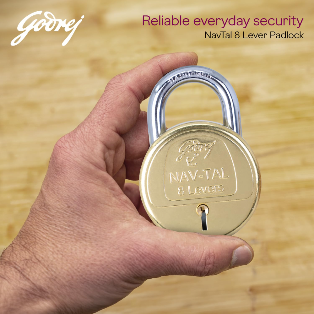 Godrej Padlock | Navtal 8 Lever Brass Padlock 85mm with 3 Keys | Hardened Steel Shackle | Heavy Duty Lock for Main Door, Gates, Shutters, Warehouses, Offices & Industrial Use | 1 Year Warranty